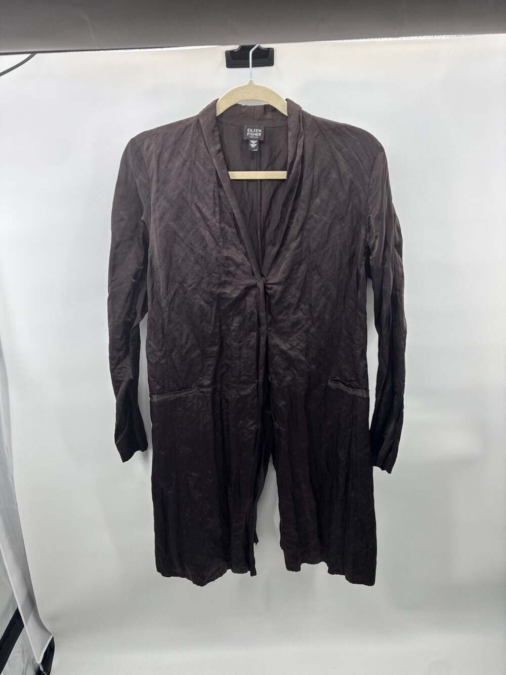 Eileen Fisher Crinkle Coat Size PL Brown Cotton Metallic Long Jacket